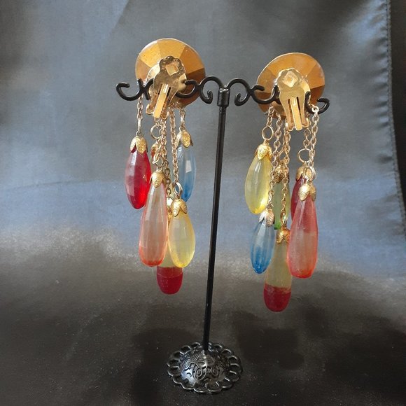 Vintage Aurora Borealis Dangle Clip Earrings four inches - Picture 3 of 10